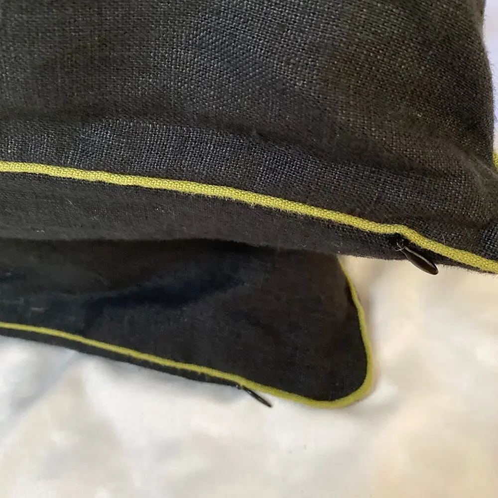 Vintage Black linen Pillow‎ Green Embroidered Warriors, Green Trim. Folk Art